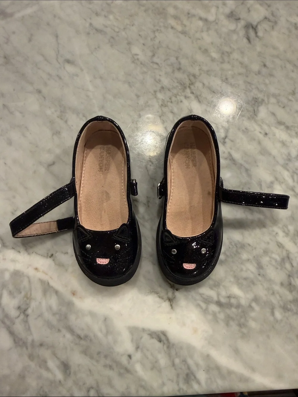 Harper Canyon Black Glitter Cat Mary Janes with Pink Accent